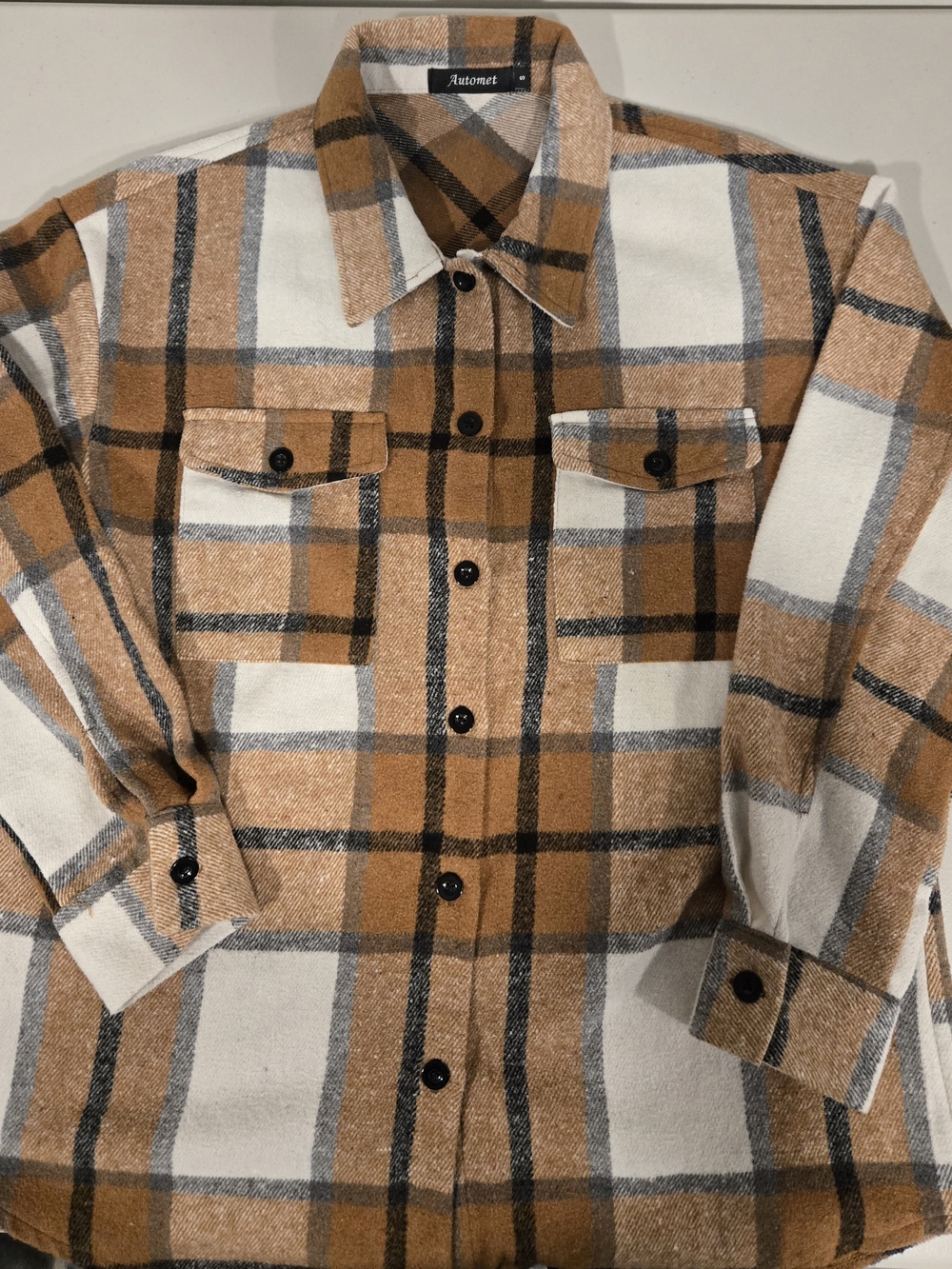 Men's Tan & White Plaid Button-Down Shirt Jacket